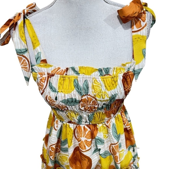 Nwot Pinch smocked mini tiered sun dress lemon & orange print lined size medium - Picture 9 of 14